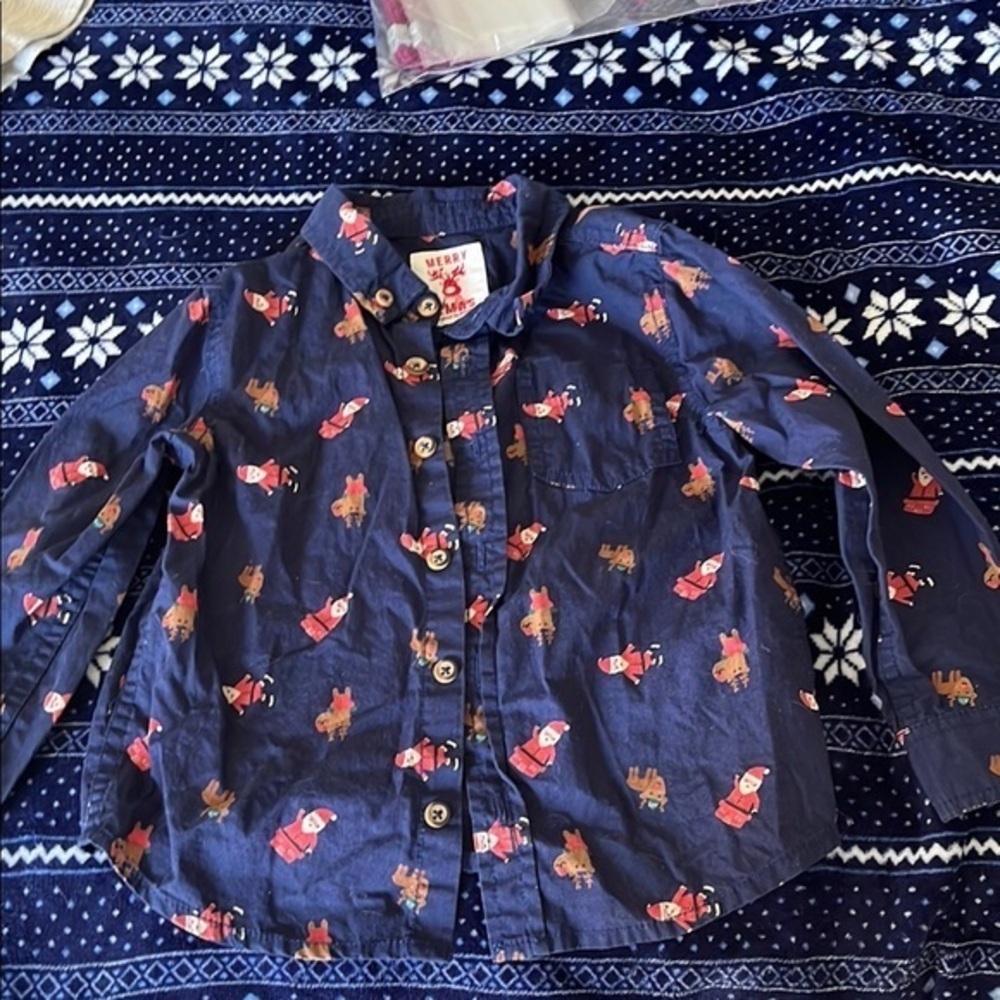 Kids Navy Blue Santa Print Shirt Size 5 EUC